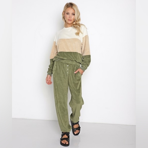 DONNI. Tri Terry Sweater Cream/Latte/Basil Women's XS Sweatshirt Color Block - Picture 9 of 9